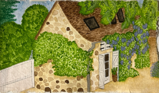 Watercolour painting of a cottage with a lot of foliage and trees