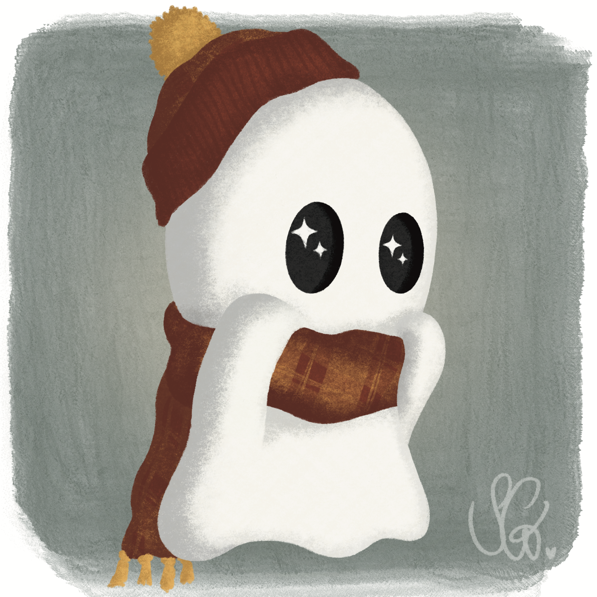 Illustration of a ghost wearing a scarf and hat, looking in awe at something out of frame