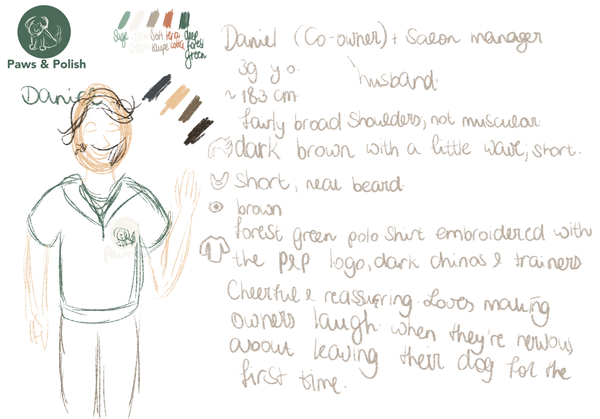 Character design sheet for salon owner Daniel showing logo, brand colours, character sketch and notes about the owner