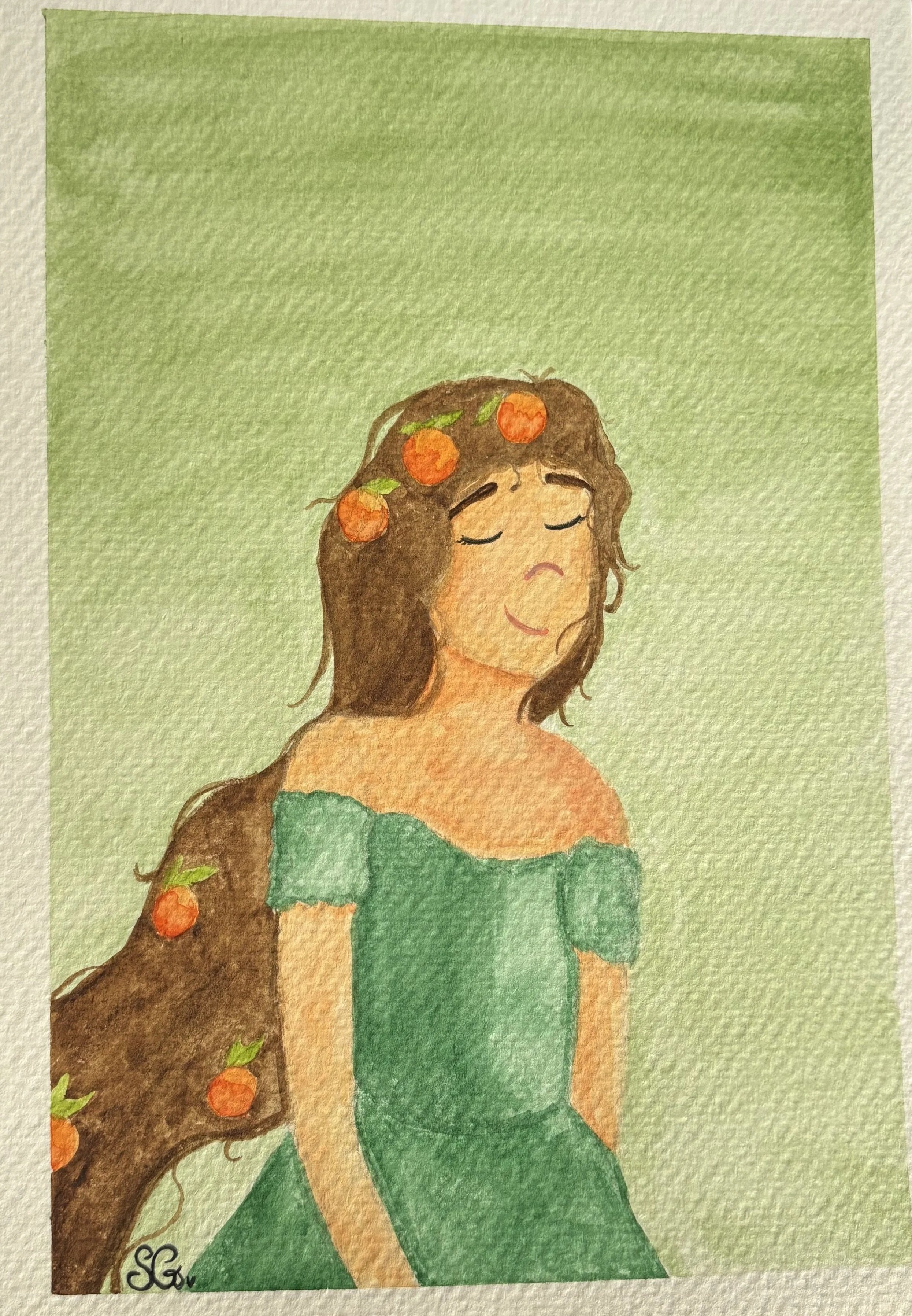 Watercolour painting of a relaxed girl with oranges in her hair against a light green background