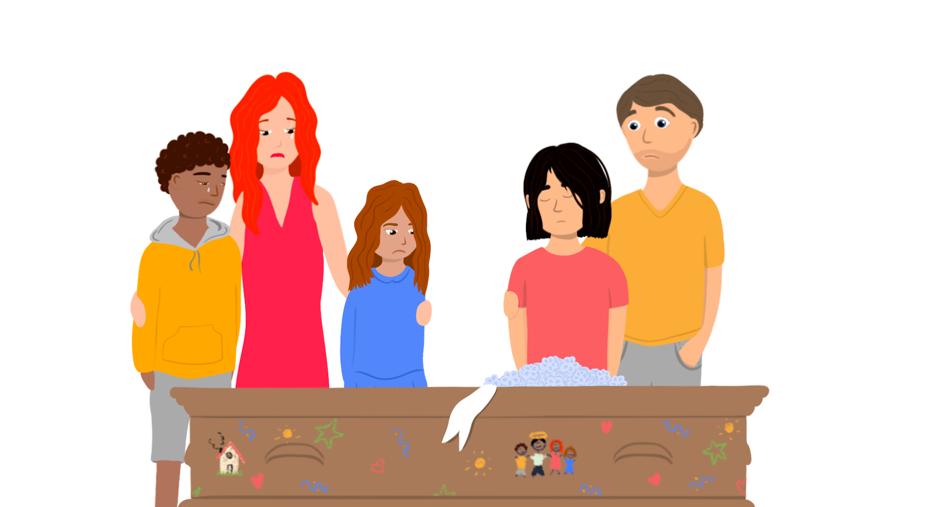 Illustration of two adults and three children being sad while standing around a casket that is decorated with children's drawings
