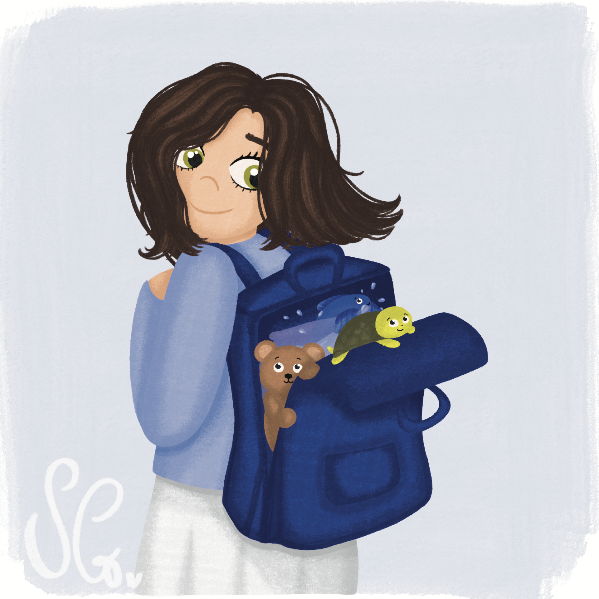 Illustration of a girl looking over her shoulder at her backpack containing a bear, a turtle and a fish in a bowl