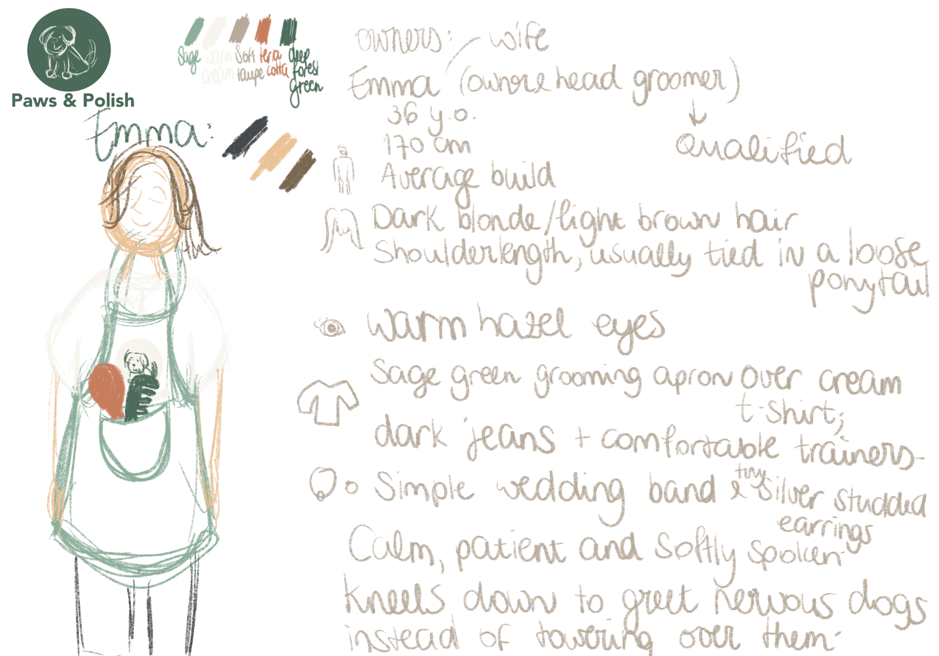 Character design sheet for salon owner Emma showing logo, brand colours, character sketch and notes about the owner
