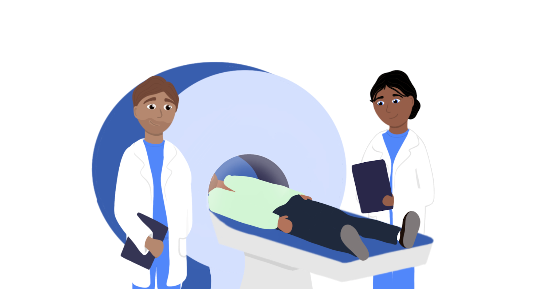 Illustration of two medical professionals overseeing an MRI scan of a patient with Alzheimer's
