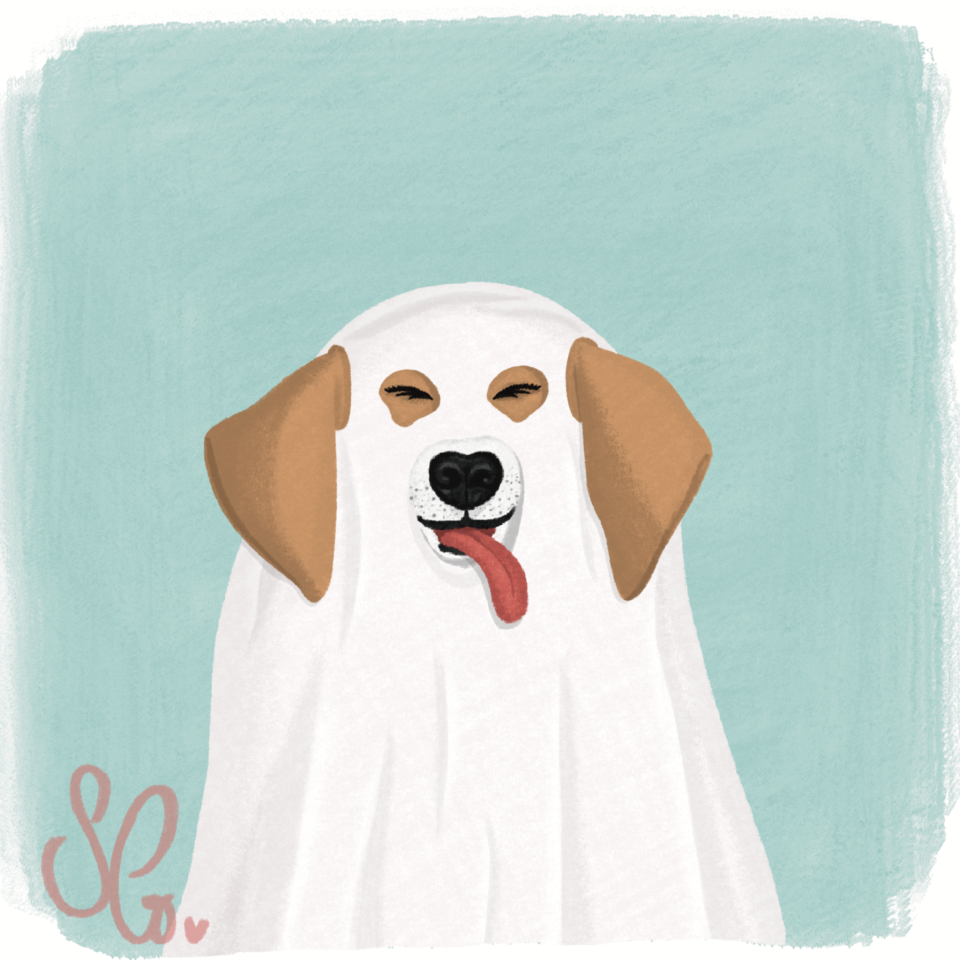 Illustration of a Beagle dressed up as a ghost