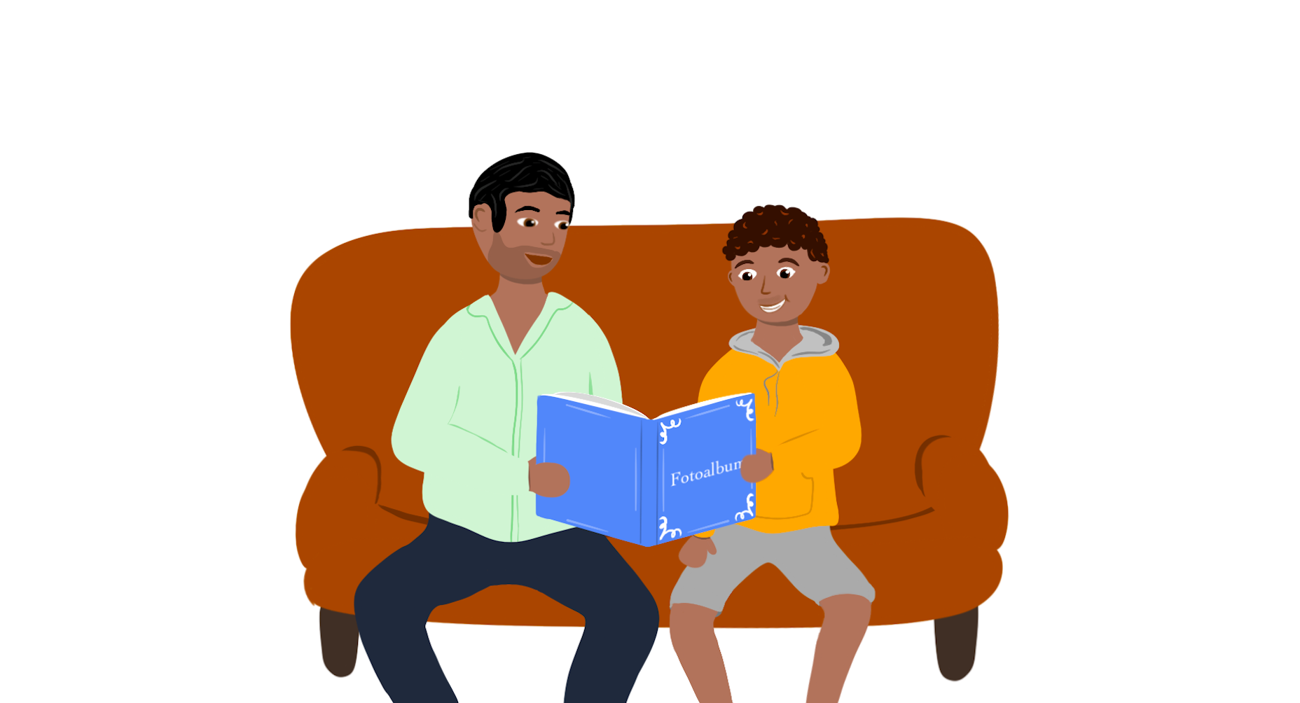 Illustration of a father and son sitting on the sofa looking through a photo album