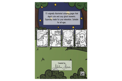 Mockup of the back of the Gentle Ghosties colouring book showing some text and four of the colouring pages featured in the book