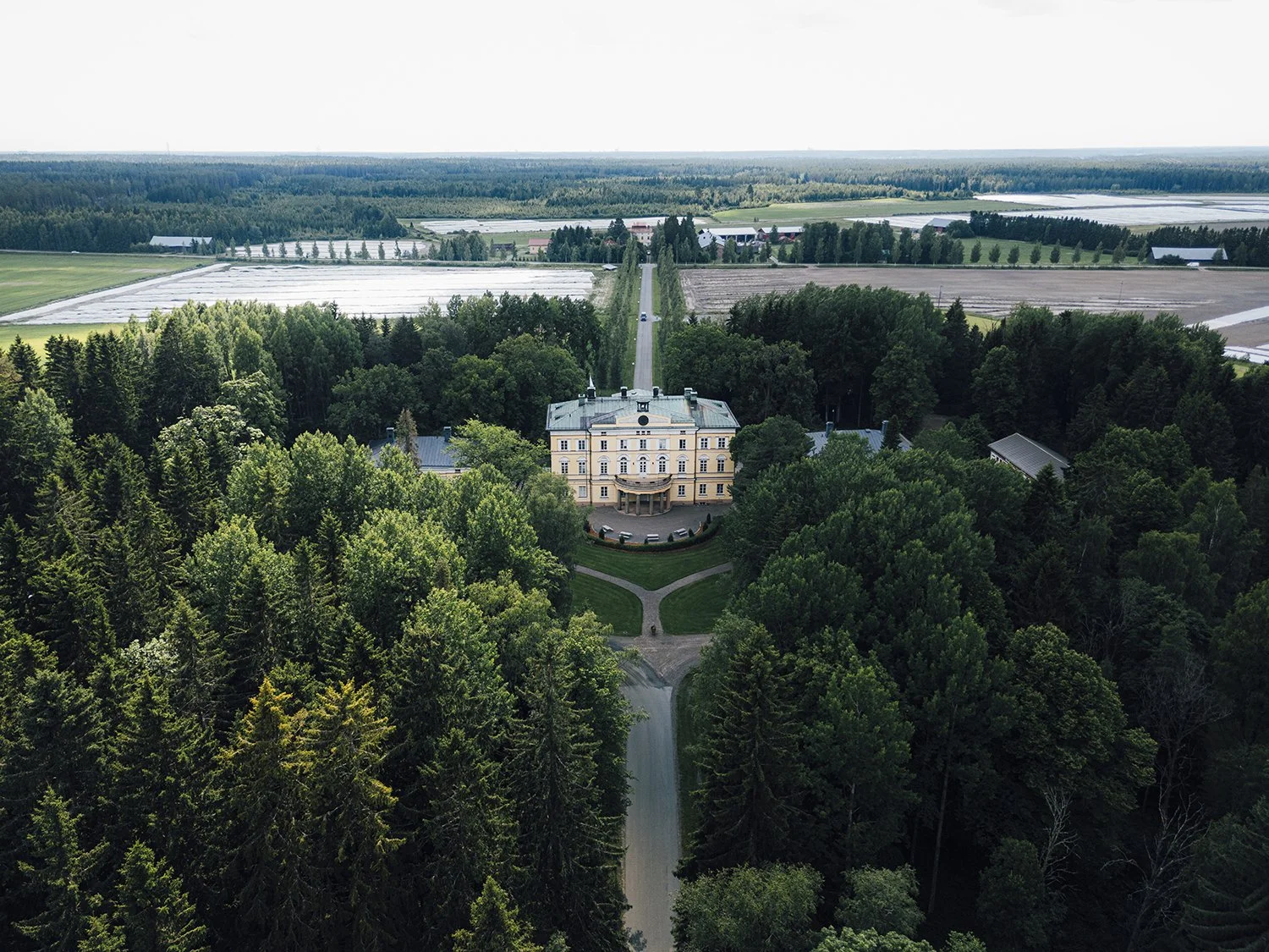 Aerial view of a large, historic mansion surrounded by lush greenery and trees, with a long driveway leading up to it.
