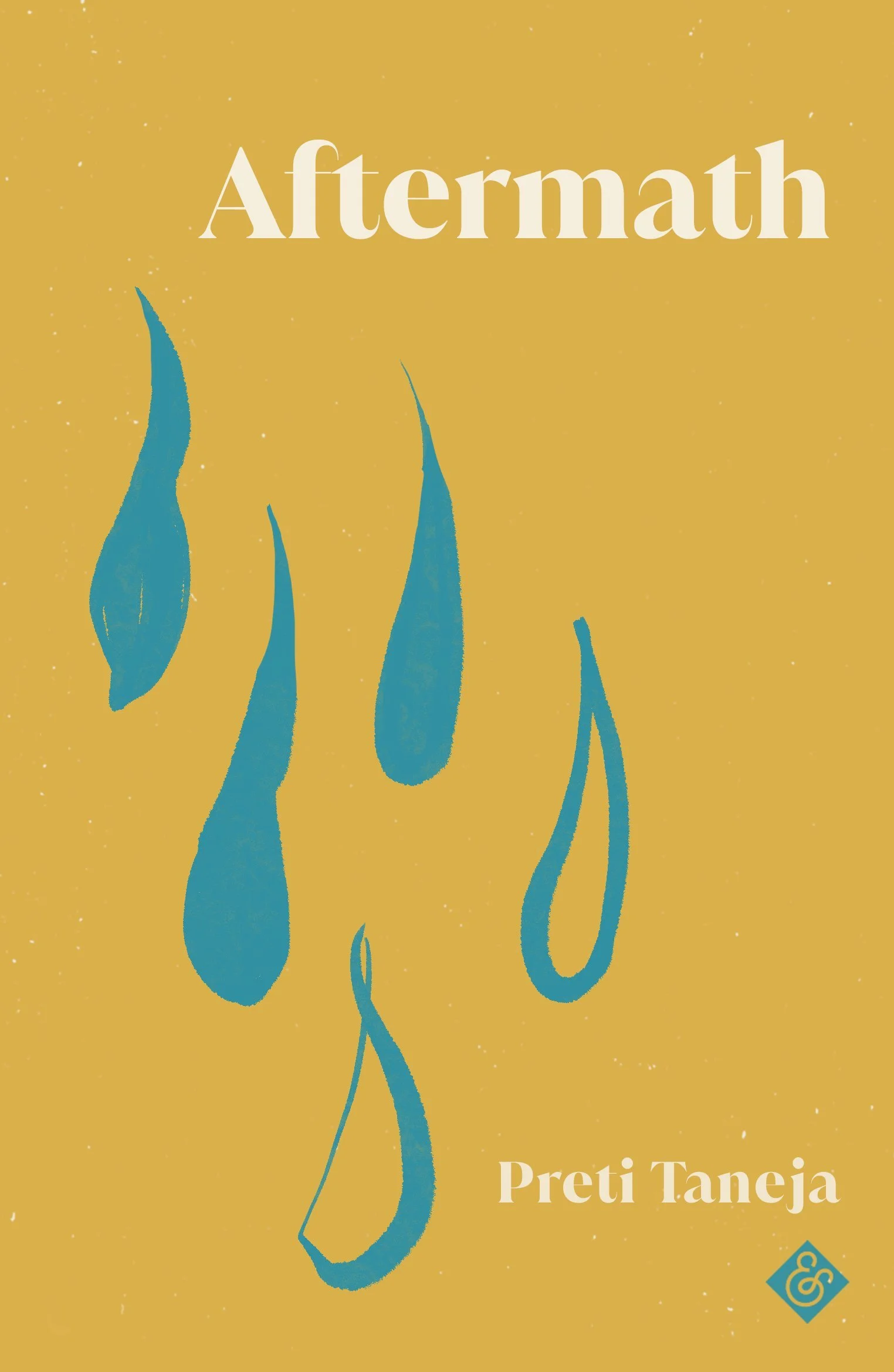 Book cover titled 'Aftermath' by Preti Teneja with a mustard yellow background and blue abstract flame-like shapes.