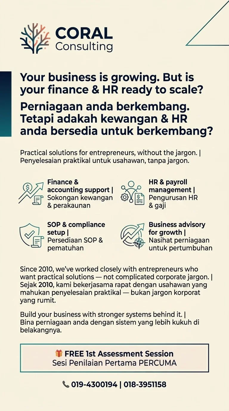 A flyer for Coral Consulting offering practical business solutions in finance, HR, SOP, and growth advisory, with contact numbers and a free first assessment session.