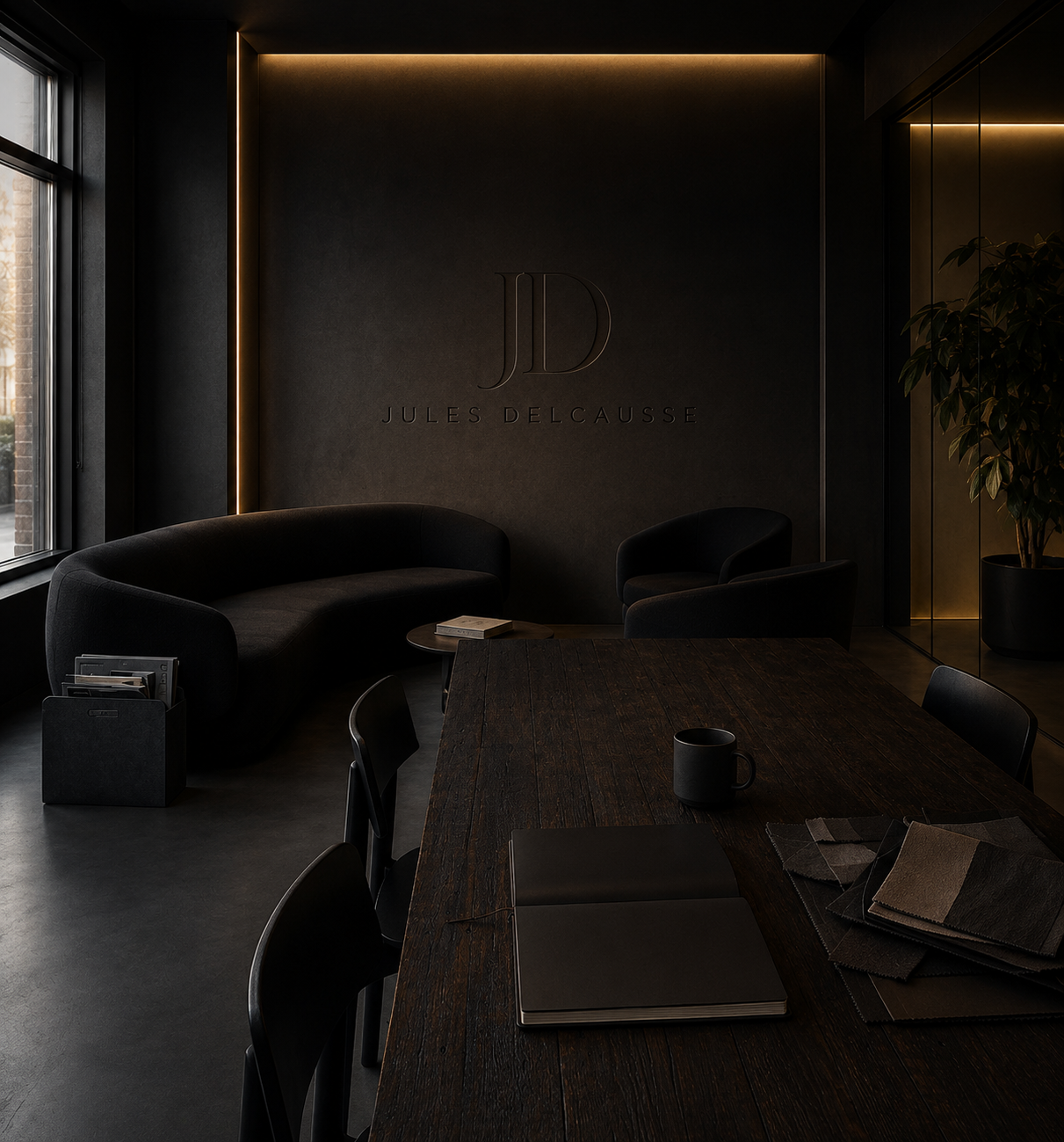 Salle de réunion sombre avec un mur noir, logo Jules Delcausse et mobilier noir, y compris une table en bois foncé, des fauteuils, une tasse noire, des échantillons de tissu, et une grande plante à droite.