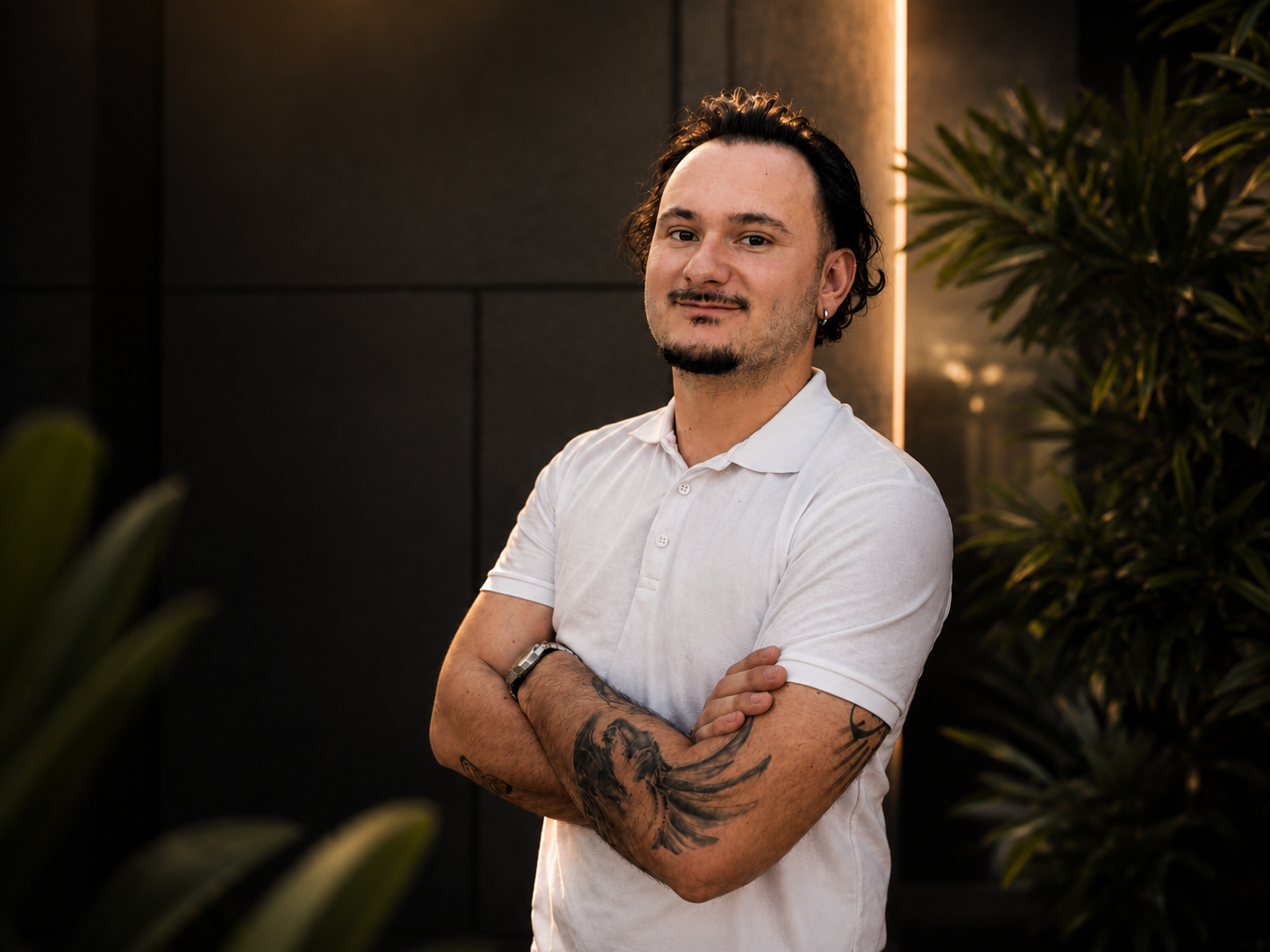 Jeune homme souriant avec des tatouages sur les bras, portant une chemise blanche, les bras croisés, dans un lieu avec des plantes et un éclairage chaud.