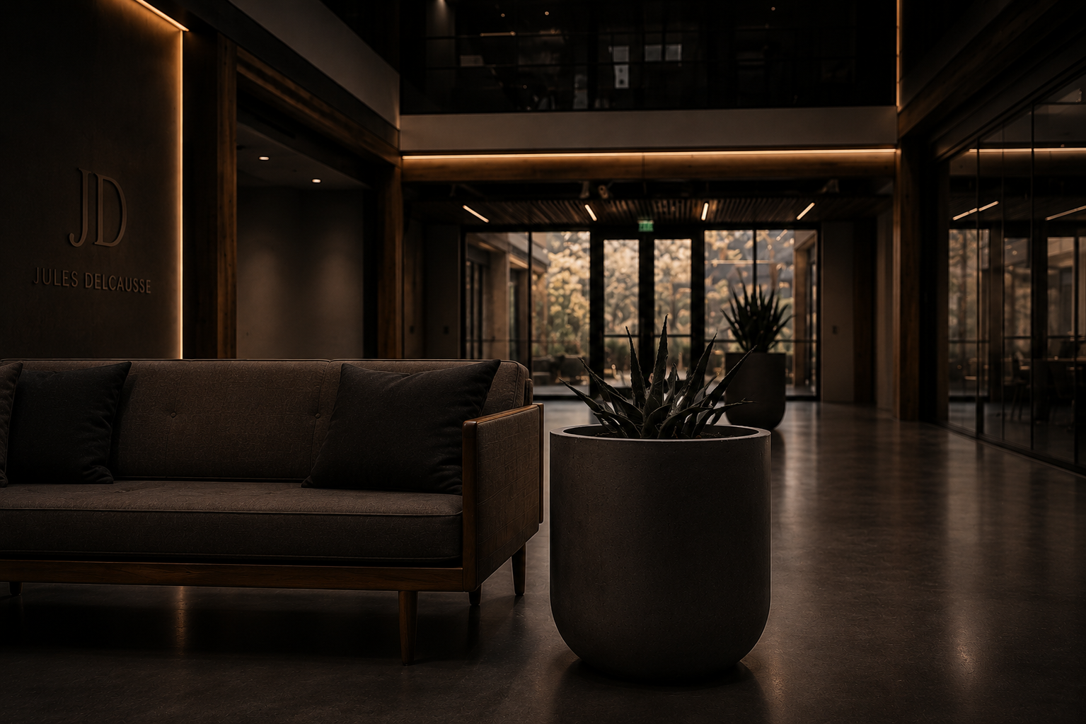 Un hall d'hôtel moderne avec un canapé en tissu gris, de grandes plantes en pot noir, des murs en bois sombre, et de grandes fenêtres donnant sur un extérieur fleuri, avec un éclairage doux et chaleureux.