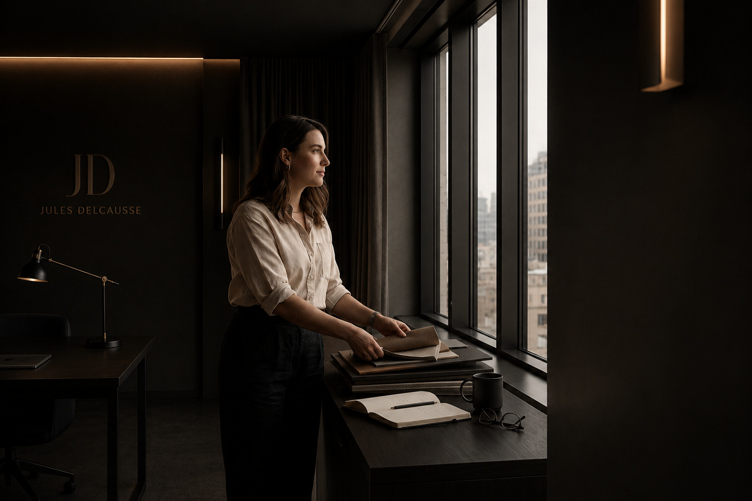 Une femme se tient dans un bureau sombre près d'une grande fenêtre, regardant dehors, avec des livres et un ordinateur sur le bureau.