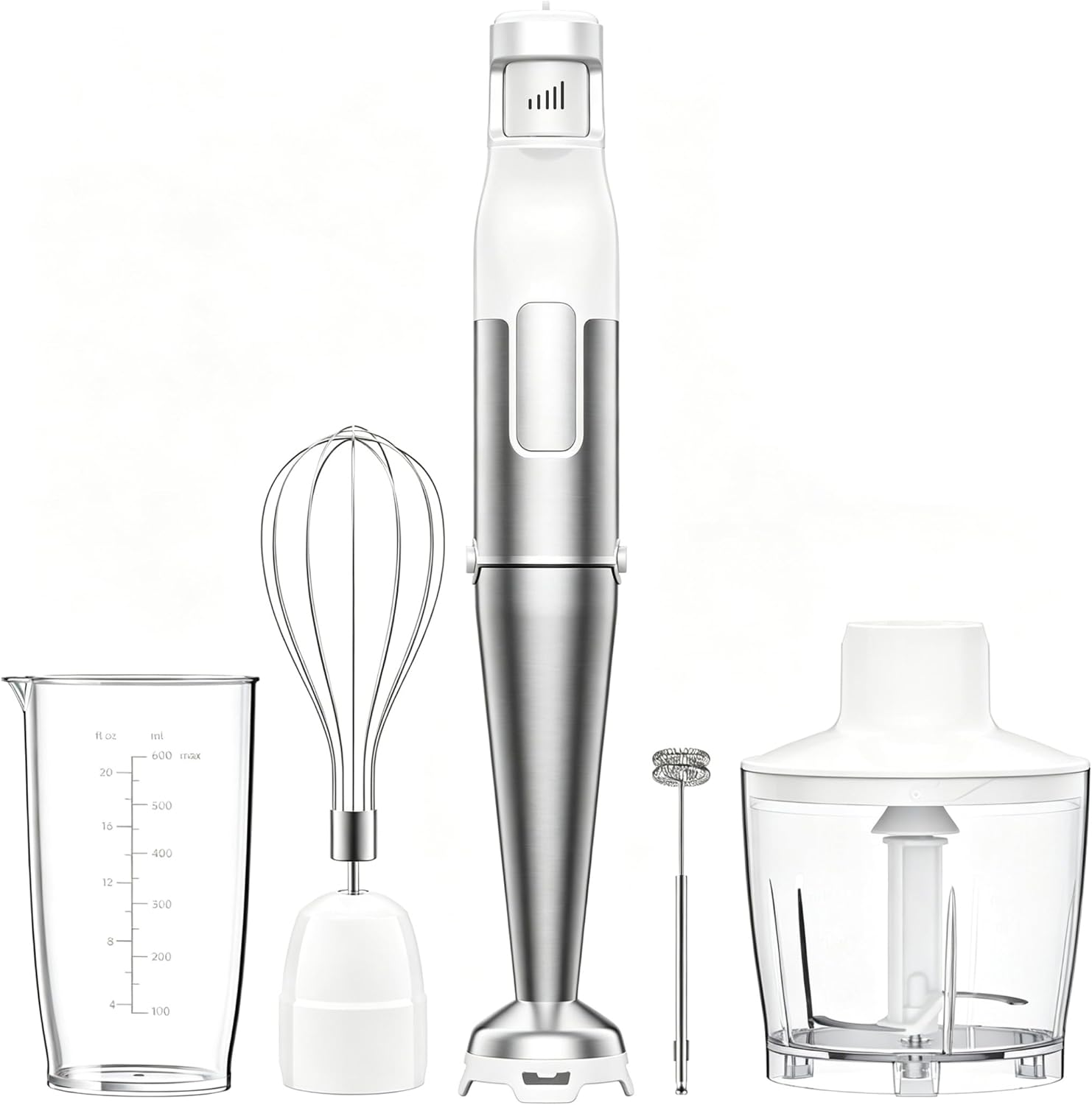 BESROY Stabmixer Set 5 in 1, 1100W Pürierstab Elektrisch, Stufenlose Geschwindigkeit, Edelstahl Hand Blender inkl. Zerkleinerer, Schneebesen, Milchaufschäumer, Messbecher, für Suppen, Smoothies, Weiß