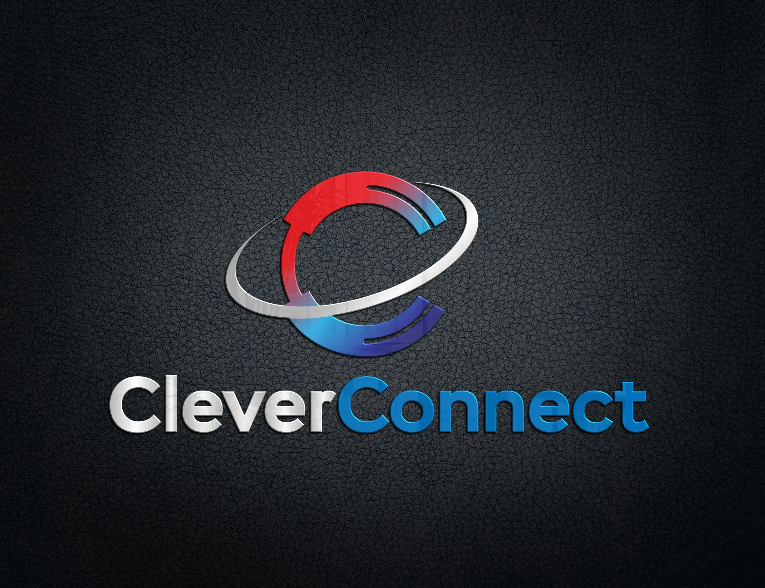 CleverConnect logo with a circular arrow design in red, blue, and gray on a black textured background.