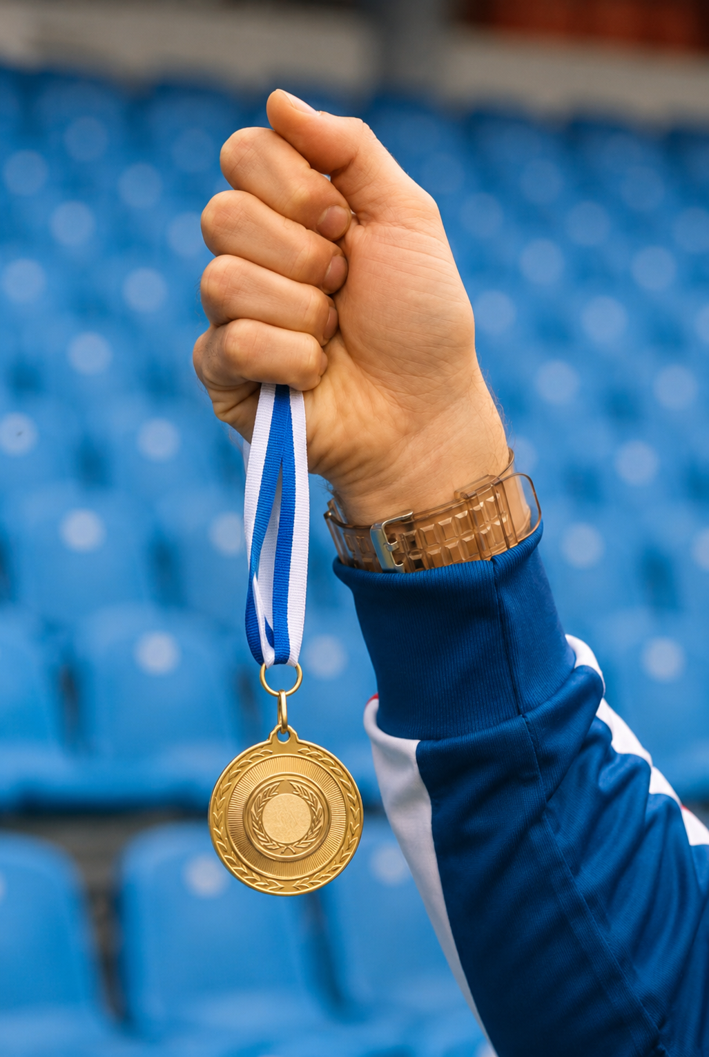 A person wearing a blue sports jacket with a gold medal hanging from a blue-and-white striped ribbon. The person is holding the medal with their hand, which has a transparent watch. The background shows empty blue stadium seats. Win Well