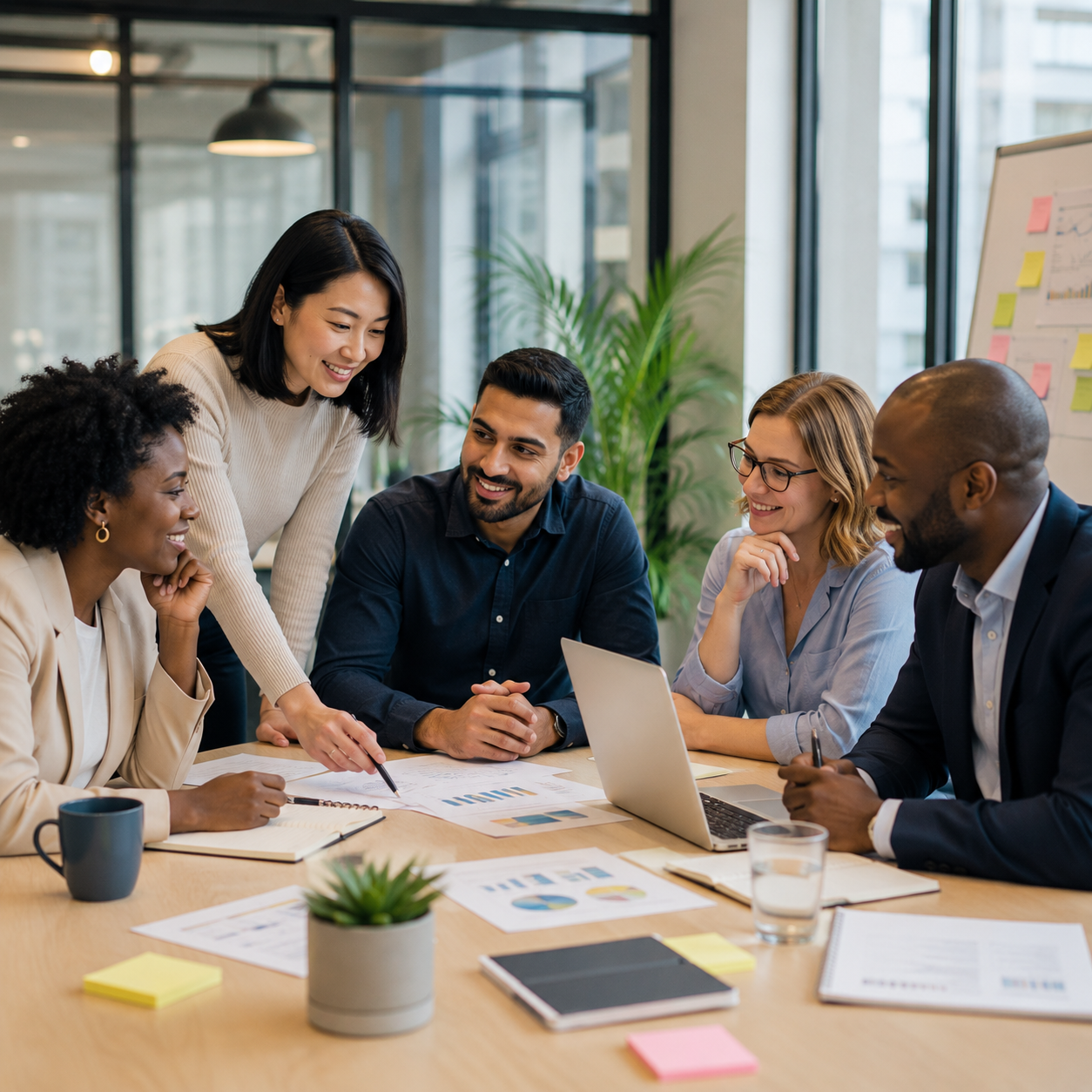 A diverse team of six people in a modern office, collaborating around a table with documents, a laptop, and coffee cups, smiling and discussing work.