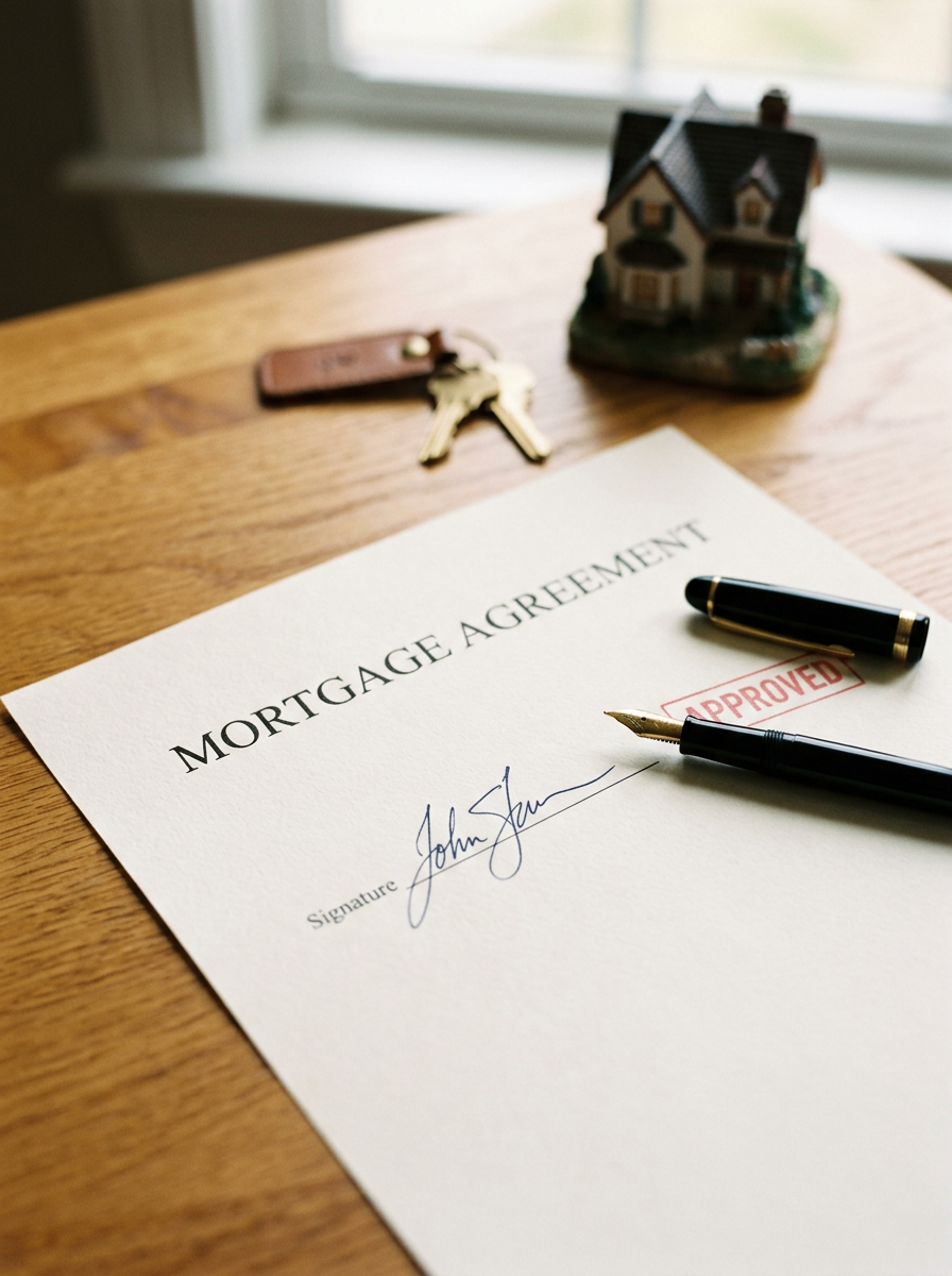 A mortgage agreement document signed by John Smith with an approved stamp, a black pen placed on top, a set of keys with a keychain, and a model house on a wooden table near a window.