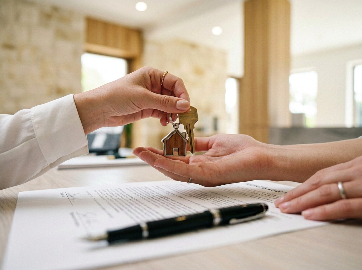Person handing over house keys on a keychain to another person during a real estate closing.