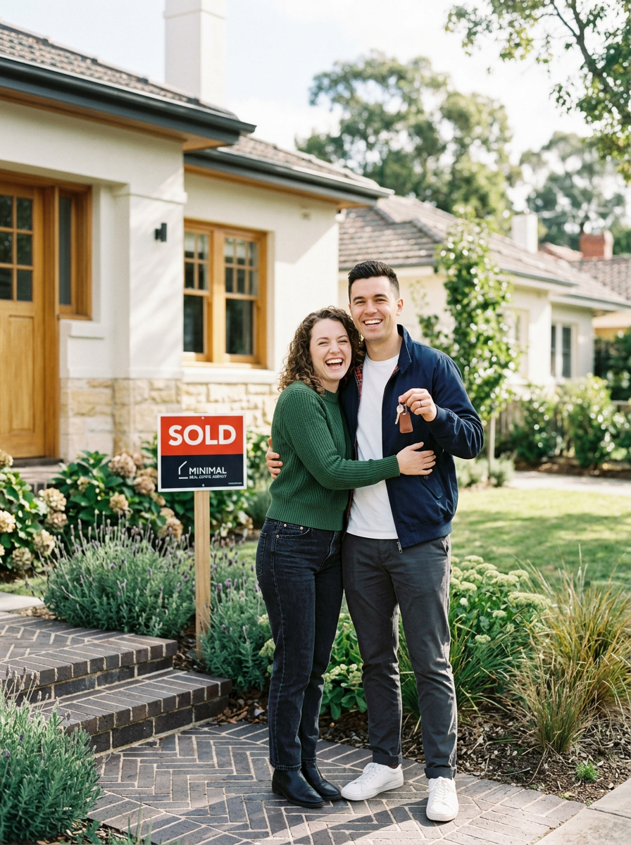 A happy couple stands in front of a house with a "SOLD" sign, holding keys and smiling.