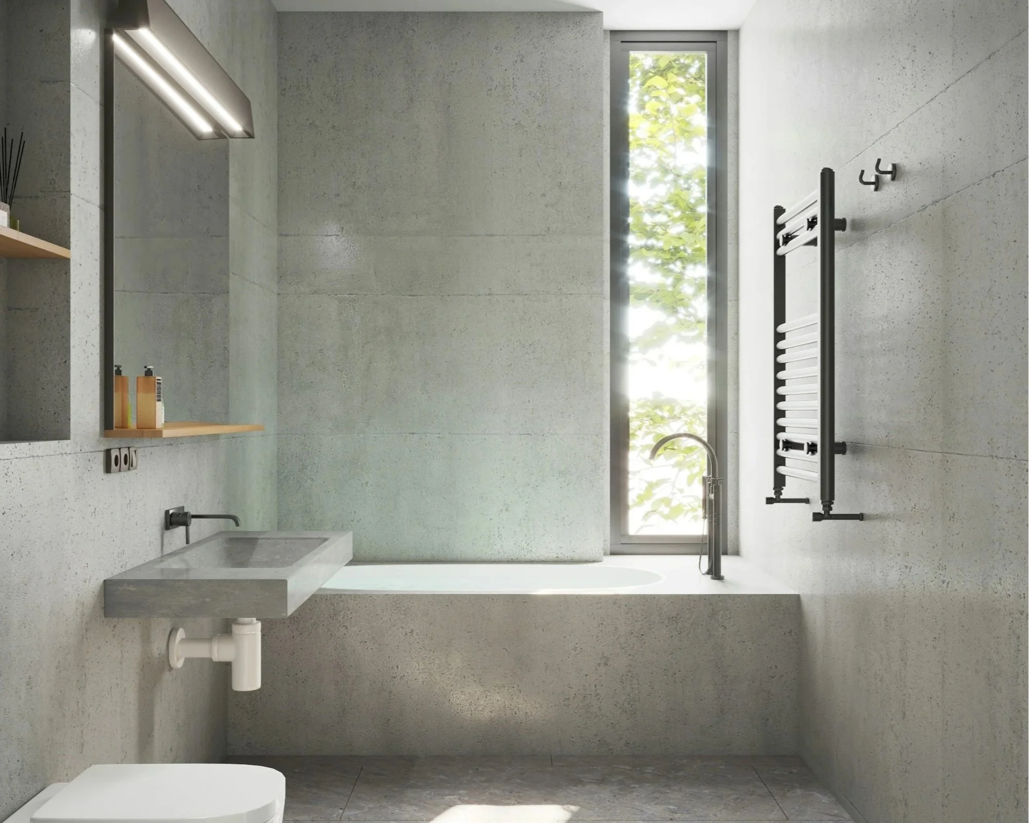 Aménagement d’une salle de bain contemporaine avec baignoire, lavabo, sèche-serviettes et finitions minérales.