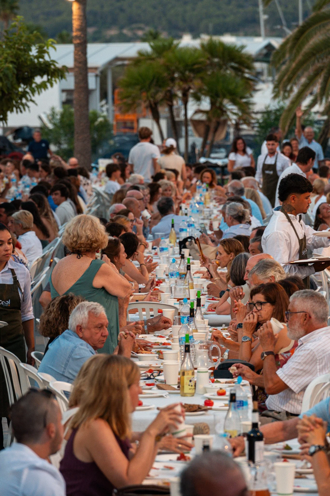 Una gran reunión al aire libre con muchas personas sentadas en largas mesas con comida y bebidas, rodeadas de palmeras y árboles. El ambiente parece una fiesta o evento social en la tarde.