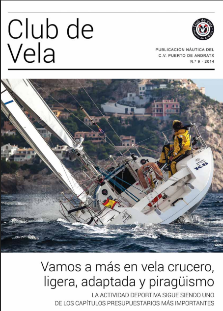 Portada de una publicación del Club de Vela con una imagen de un velero navegando en el agua cerca de una costa con casas en las colinas, y un navegante en el velero.