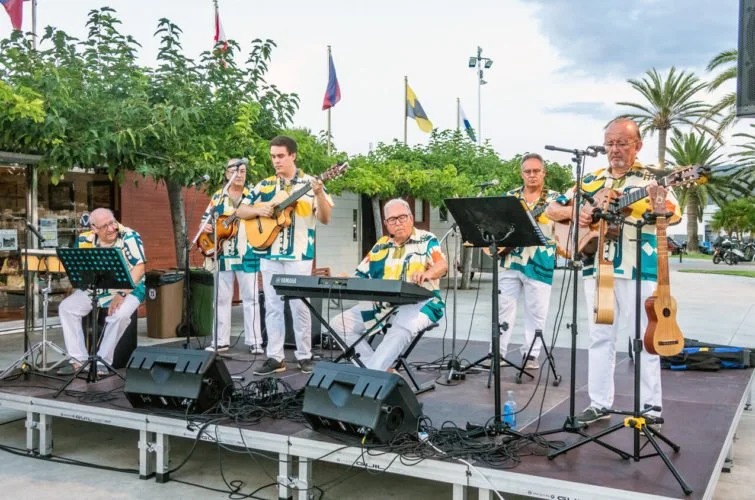 Grupo de músicos tocando en un escenario al aire libre con instrumentos acústicos y electrónicos, acompañados de árboles y banderas en el fondo.