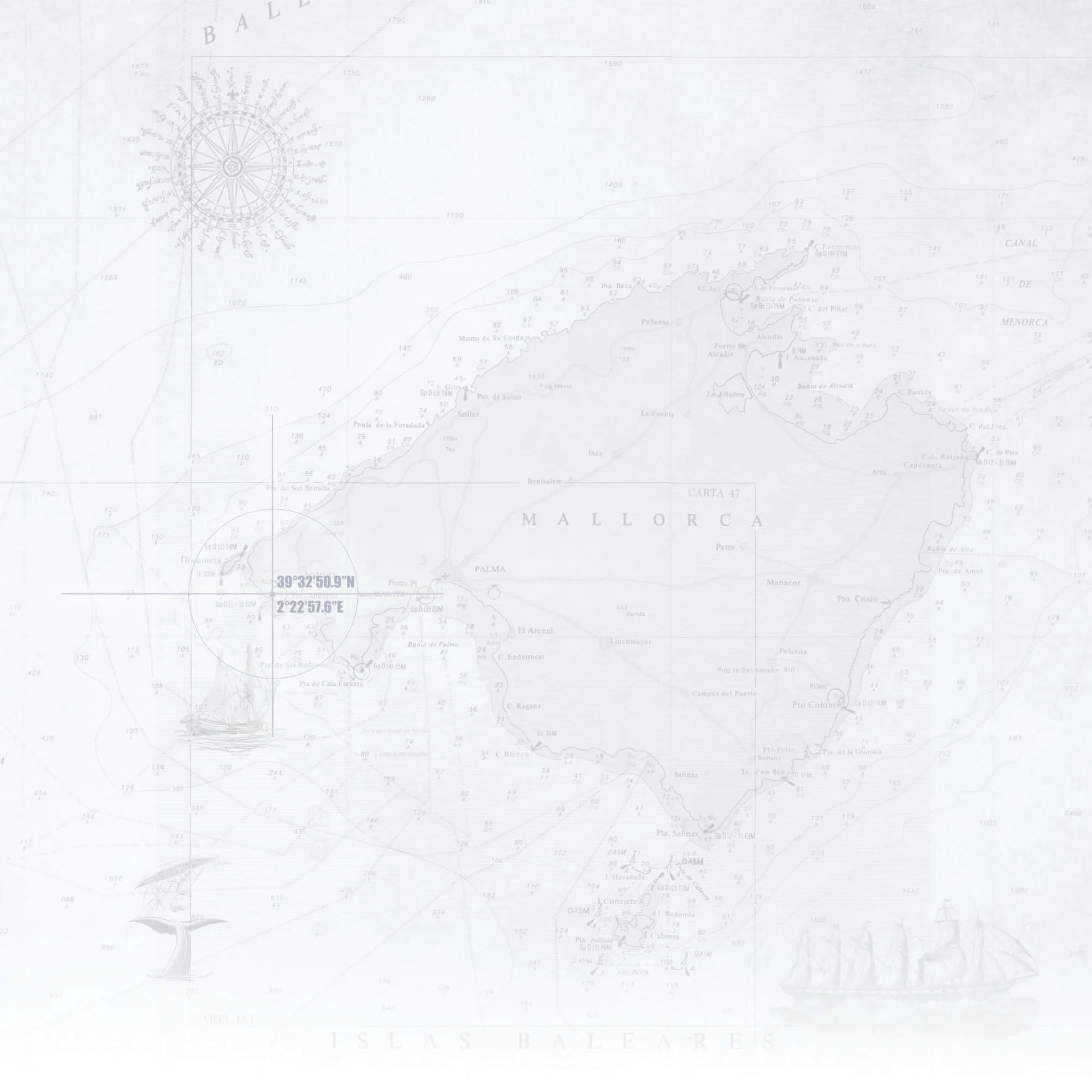 Mapa marítimo de las Islas Baleares en el mar Mediterráneo, con nombres de localidades y coordenadas.