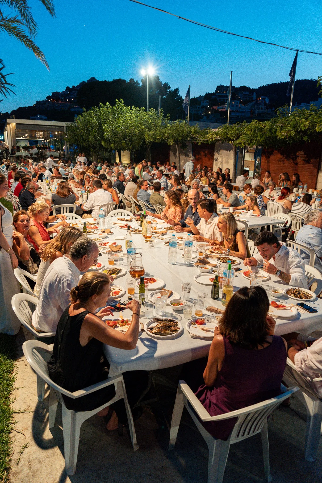Una gran reunión al aire libre en la noche, con muchas personas sentadas en mesas largas disfrutando de comida y bebidas, rodeadas de árboles y con una colina con luces al fondo.