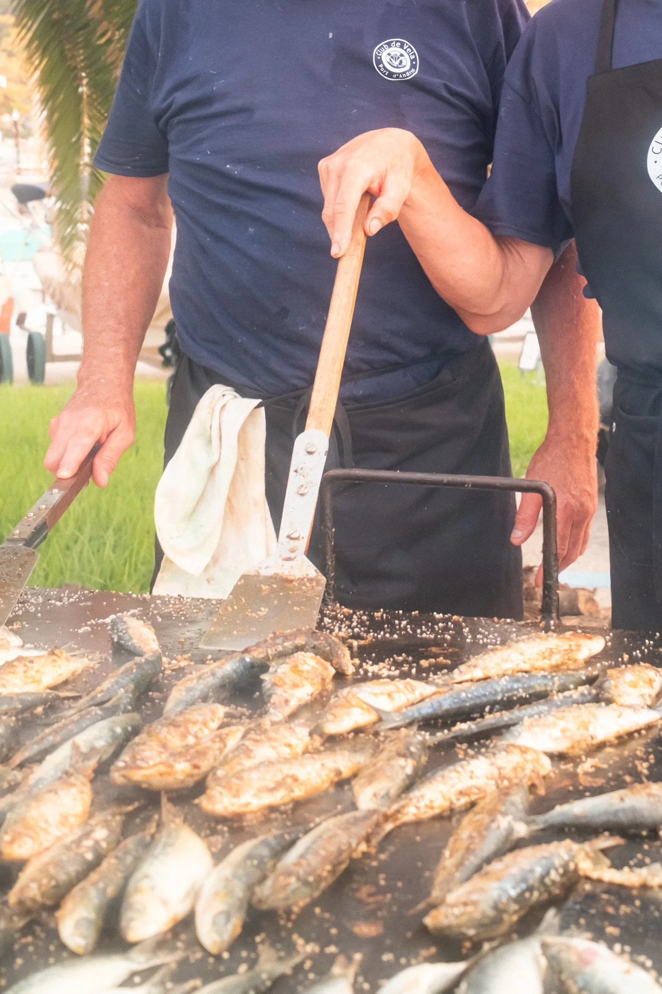 Persona cocinando pescado a la parrilla en unevento al aire libre con palmeras y vegetación de fondo, usando camiseta azul con logotipo del club de vela.