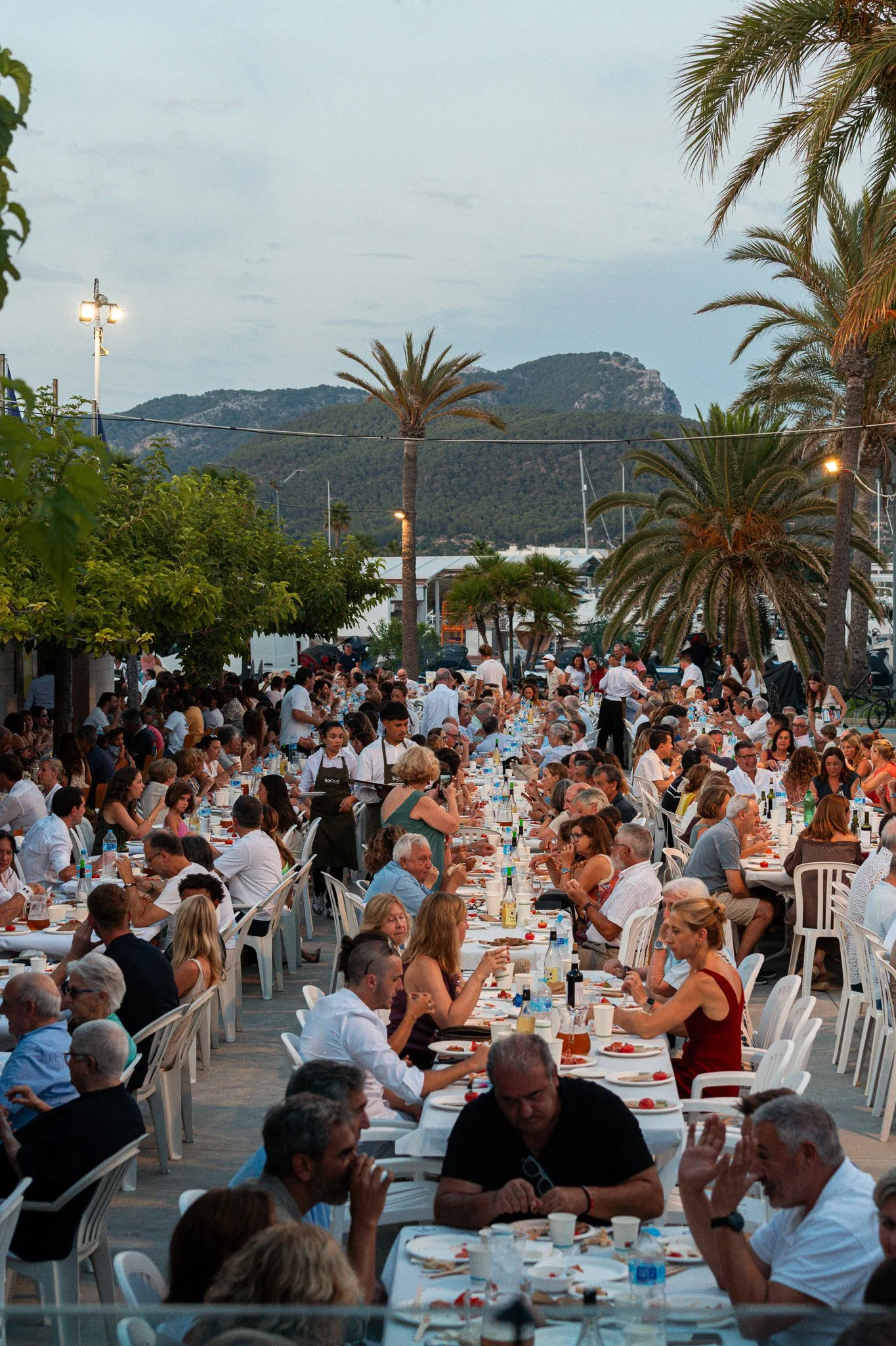 Una gran reunión de personas en una fiesta al aire libre con mesas largas, comida y bebidas, rodeadas de palmeras y montañas al fondo, durante el atardecer.