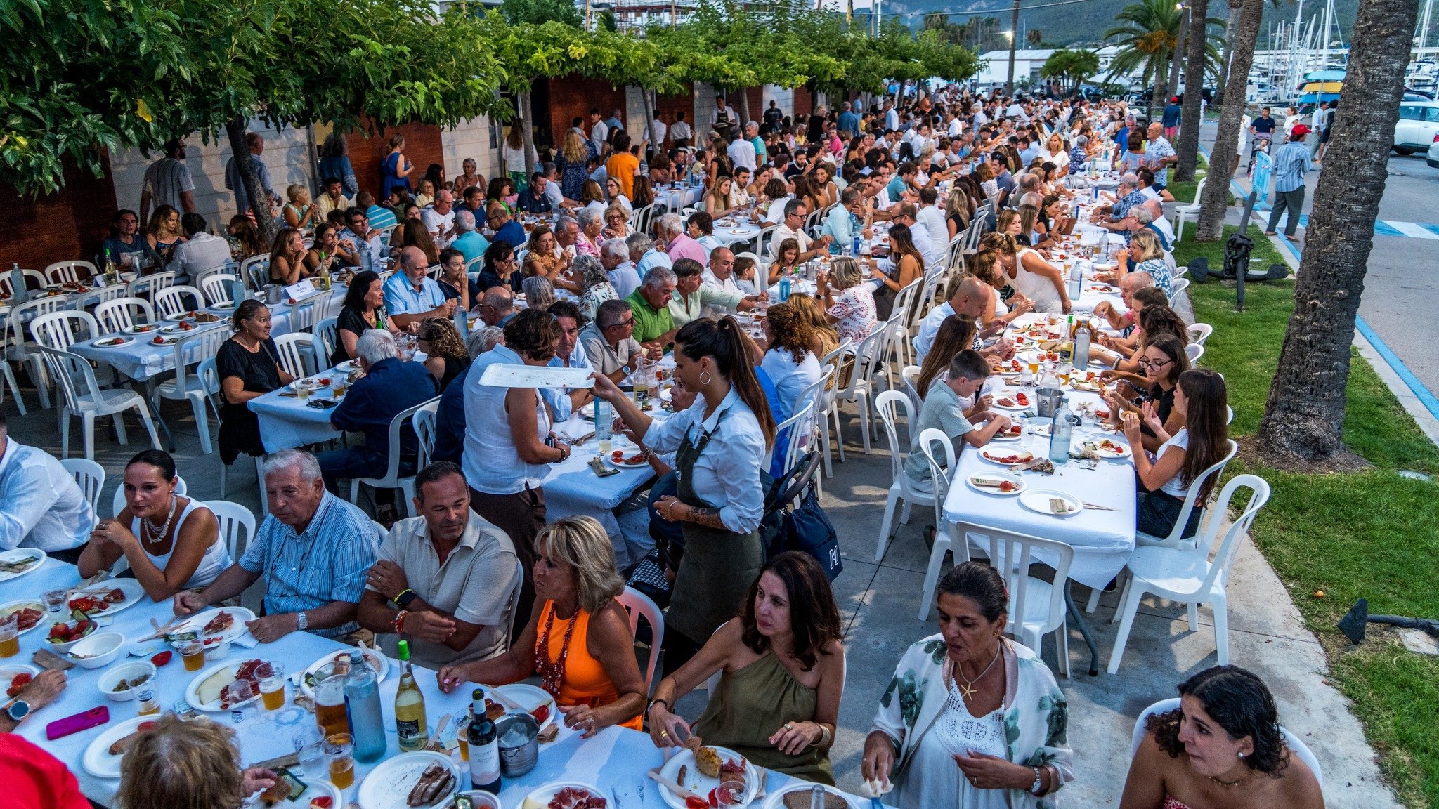 Una multitud de personas reunidas en una fiesta al aire libre con mesas largas, comida y bebidas, árboles y palmeras en un entorno costero.