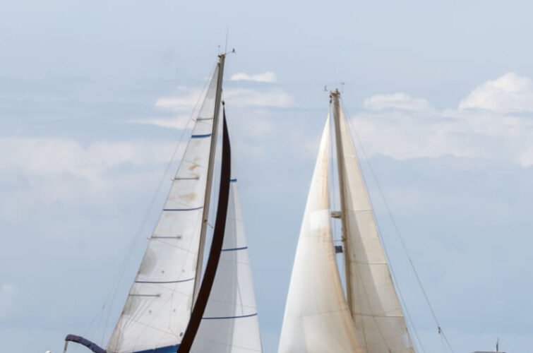 Dos barcos de vela navegando en el mar con cielo nublado.