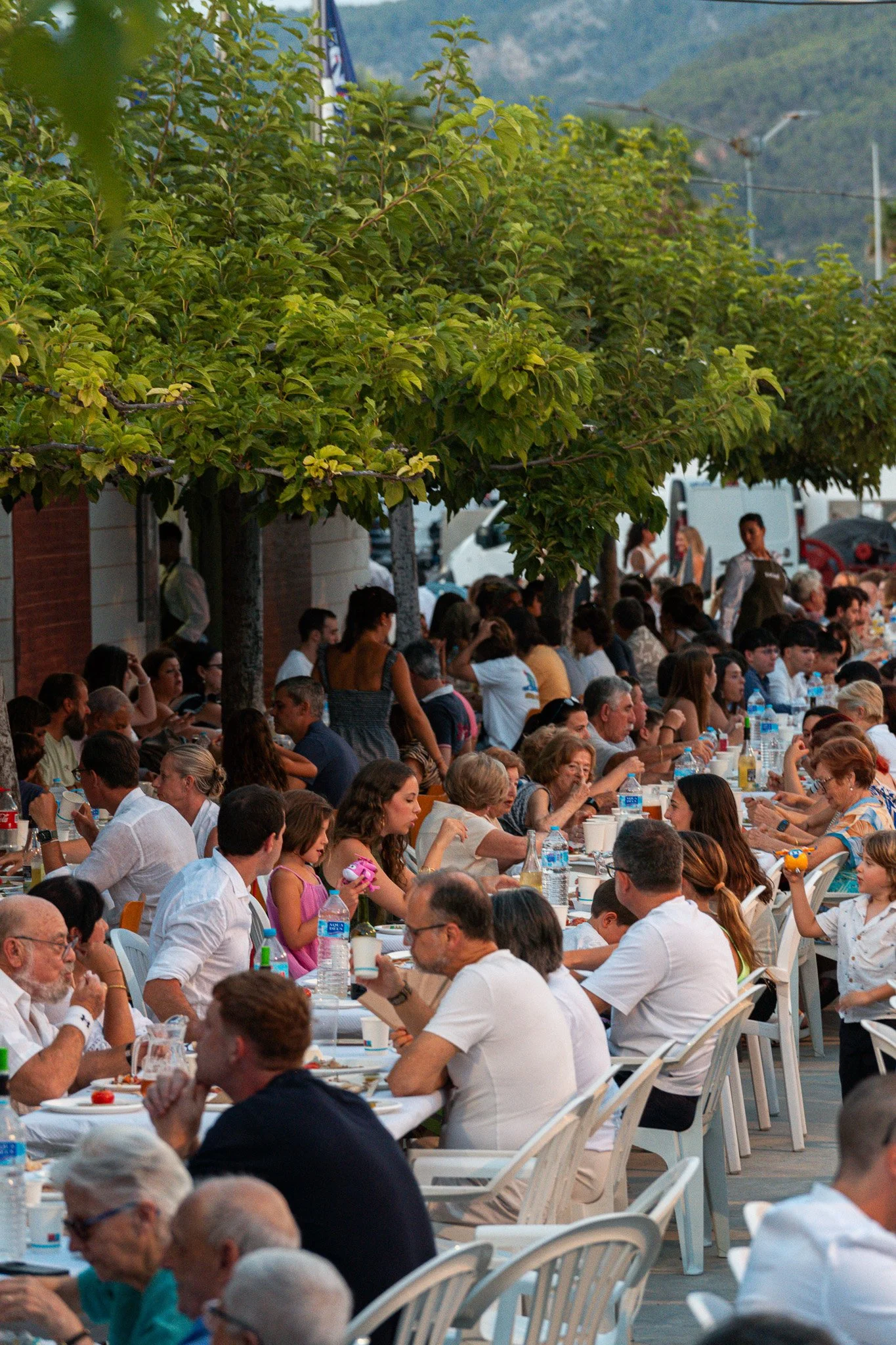 Una gran reunión al aire libre con muchas personas sentadas en mesas largas, comiendo y conversando, bajo árboles y con montañas en el fondo.