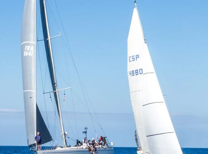 Dos veleros navegando en el océano en un día soleado.