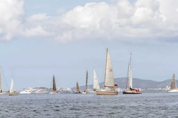 Varios barcos de vela en el mar con un cielo nublado.