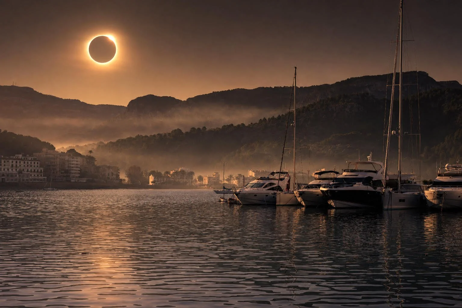 Un puerto con yates anclados bajo un cielo con un eclipse solar total y montañas al fondo, en tonalidades oscuras y reflejos en el agua.
