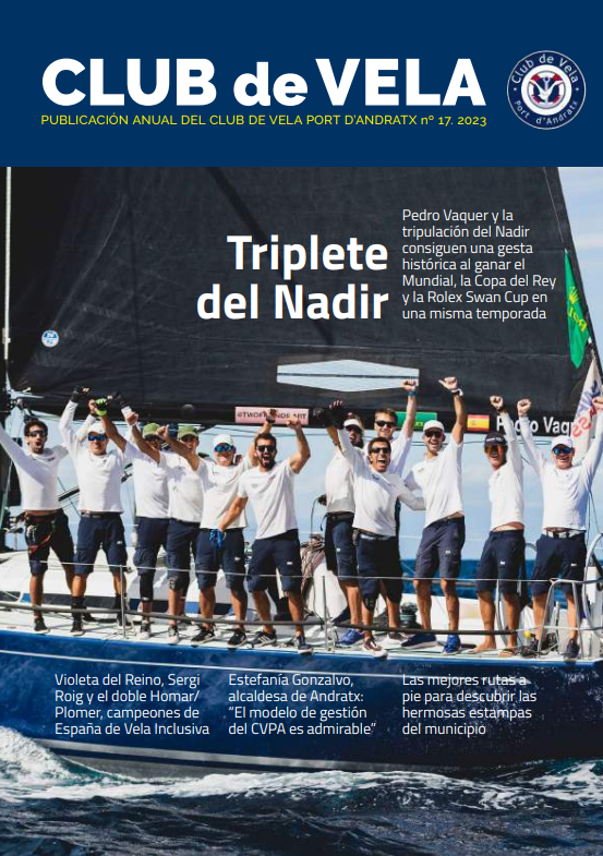 Portada de publicación anual del Club de Vela, destacando la tripulación de Nadir celebrando su victoria en competencias de vela.