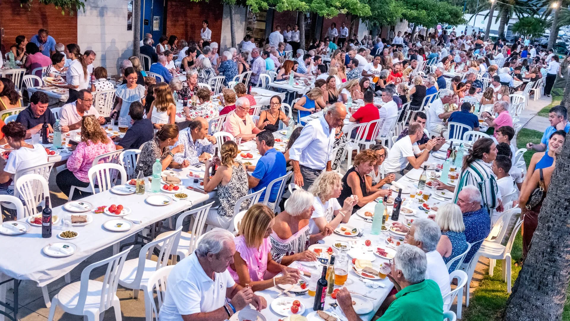 Reunión de muchas personas sentadas en mesas al aire libre durante una comida o celebración, con comida y bebida en la mesa, bajo árboles.