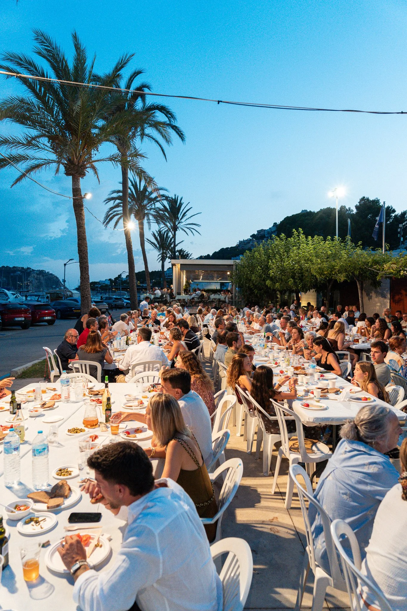 Cena al aire libre con muchas personas comiendo en mesas largas, palmeras y un cielo azul con luces y colinas en el fondo.