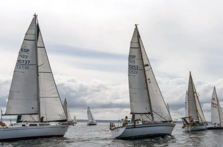 Varias embarcaciones de vela navegando en el mar bajo un cielo nublado.