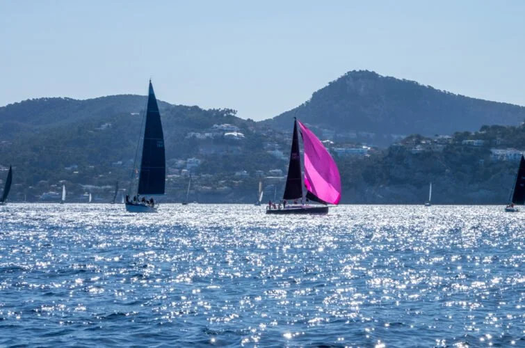 Tres veleros navegando en el mar con montañas de fondo, uno con vela rosa