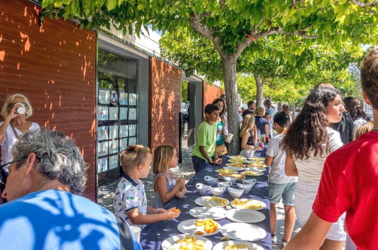 Personas en una fiesta al aire libre en un día soleado, sirviendo y tomando comida en un buffet con platos de fruta en una mesa larga bajo árboles verdes.