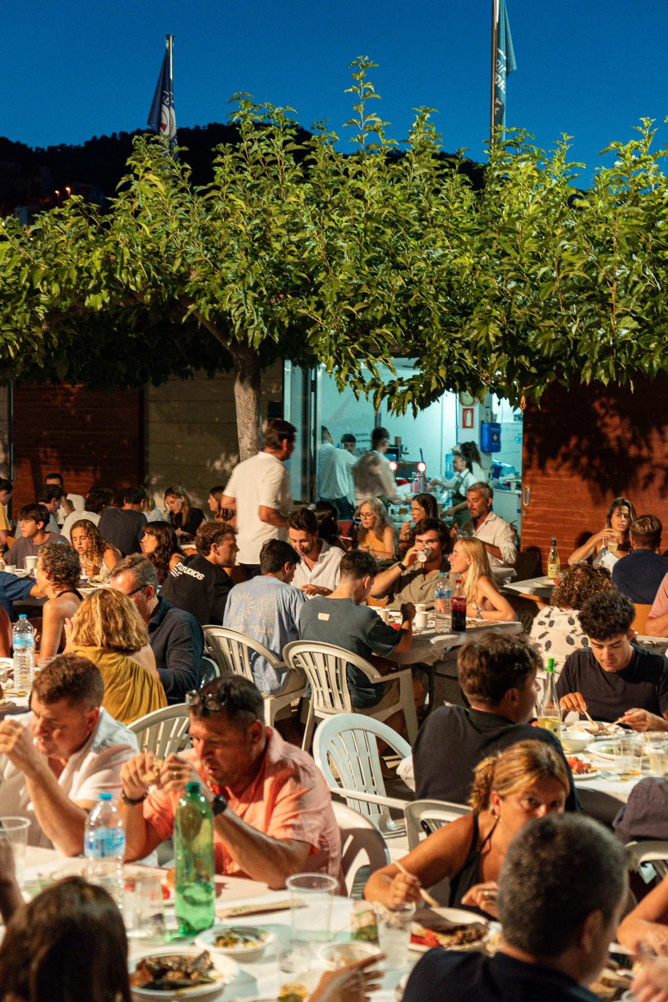 Una cena al aire libre con muchas personas sentadas en mesas, comiendo y bebiendo, bajo árboles, durante la noche.