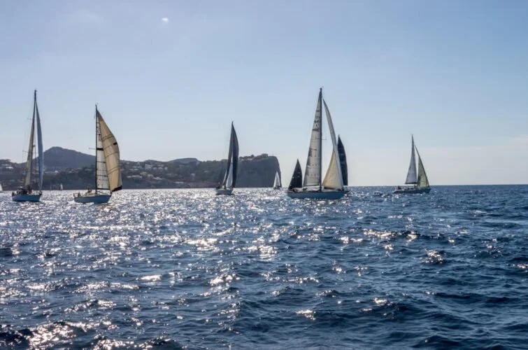 Varias embarcaciones de vela navegando en el mar con colinas en el fondo y cielo despejado.