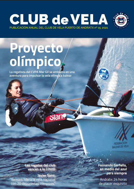 Portada de publicación del club de vela con una joven navegando en una embarcación a vela en el océano, con texto que menciona un proyecto olímpico y otras noticias relacionadas con la vela en la región.