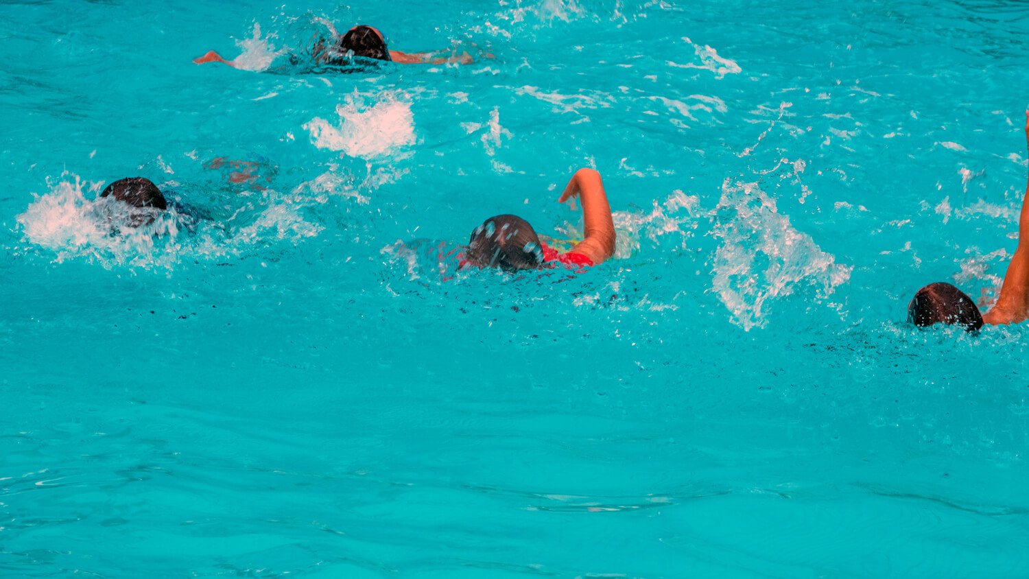 Cuatro personas nadando en una piscina, disfrutando del agua.