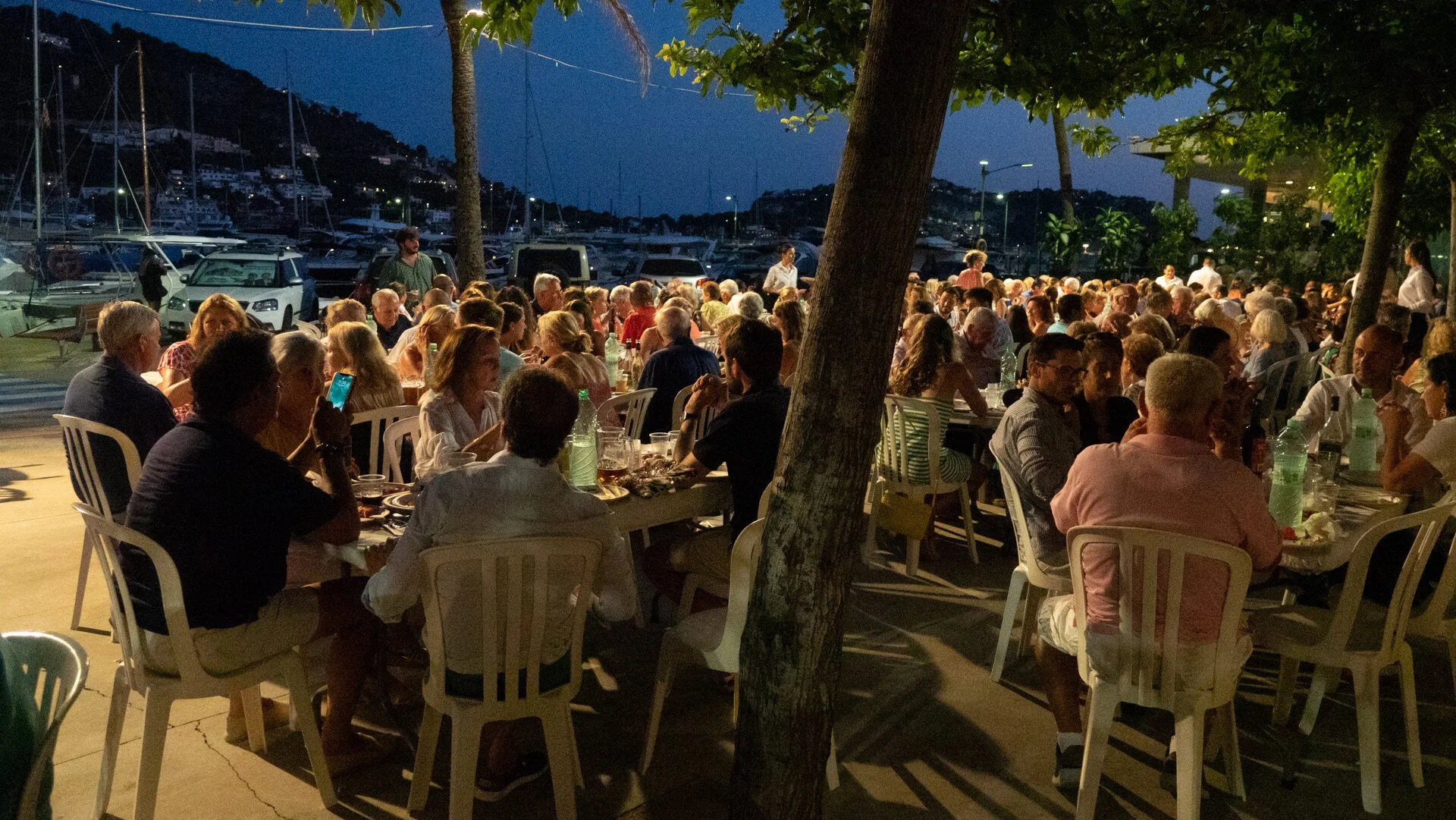 Una reunión o cena al aire libre durante la noche junto a un muelle con barcos, muchas personas sentadas en mesas, adornada con árboles y luces de fondo.